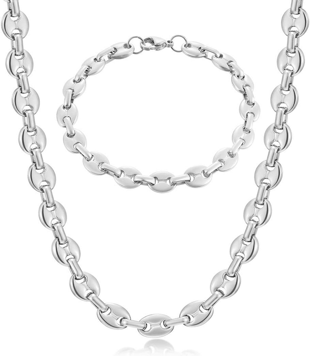 Ketting voor heren, halsketting en armband van roestvrij staal, 6 mm, 9 mm, 11 mm, zilver/goud/zwart, Roestvrij staal, Geen edelsteen