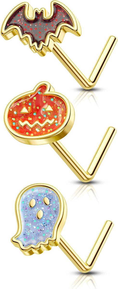 3 STKS Halloween Pompoen Vleermuis Spook Neus Studs Gouden L-vormige Neus Piercing Studs 316L Roestvrij Staal Neus Neus Piercing Sieraden 20G 6mm Neus Ringen voor Vrouwen Mannen
