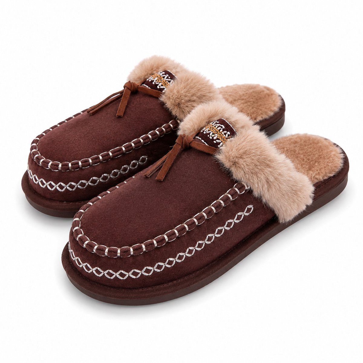 Pantoffels Dames – Sloffen – Warme Huisschoenen met Fluffy Voering – Suède Look – Antislip Zool – Maat 37- Bruin