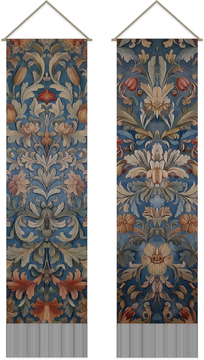 2 Stuks Wandtapijt Europese Paleisstijl Wandbehang Witte Bloemen Lange Verticale Kwasten Wandtapijten Met Stangen, Draden Voor Slaapkamer, Woonkamer, Veranda, Gang, Kantoordecoratie 130x33cm