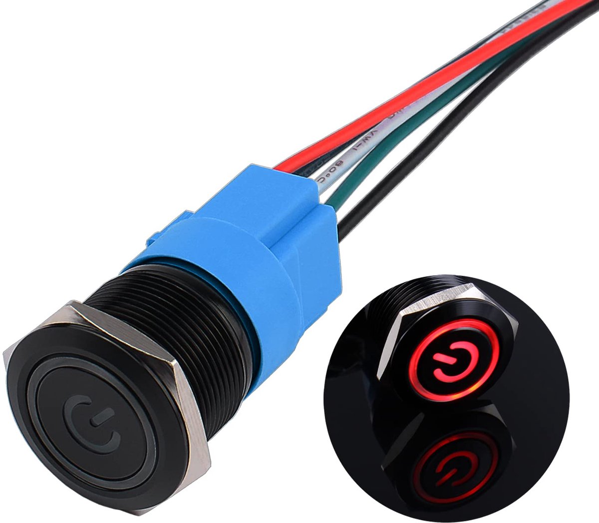 Waterdichte drukschakelaar, 22 mm, 12 V tot 24 V, 5 A, aan/uit-knop, schakelaar met ledverlichting, zwarte metalen behuizing, voorbedrade momentary drukknop voor auto, motorfiets, rood