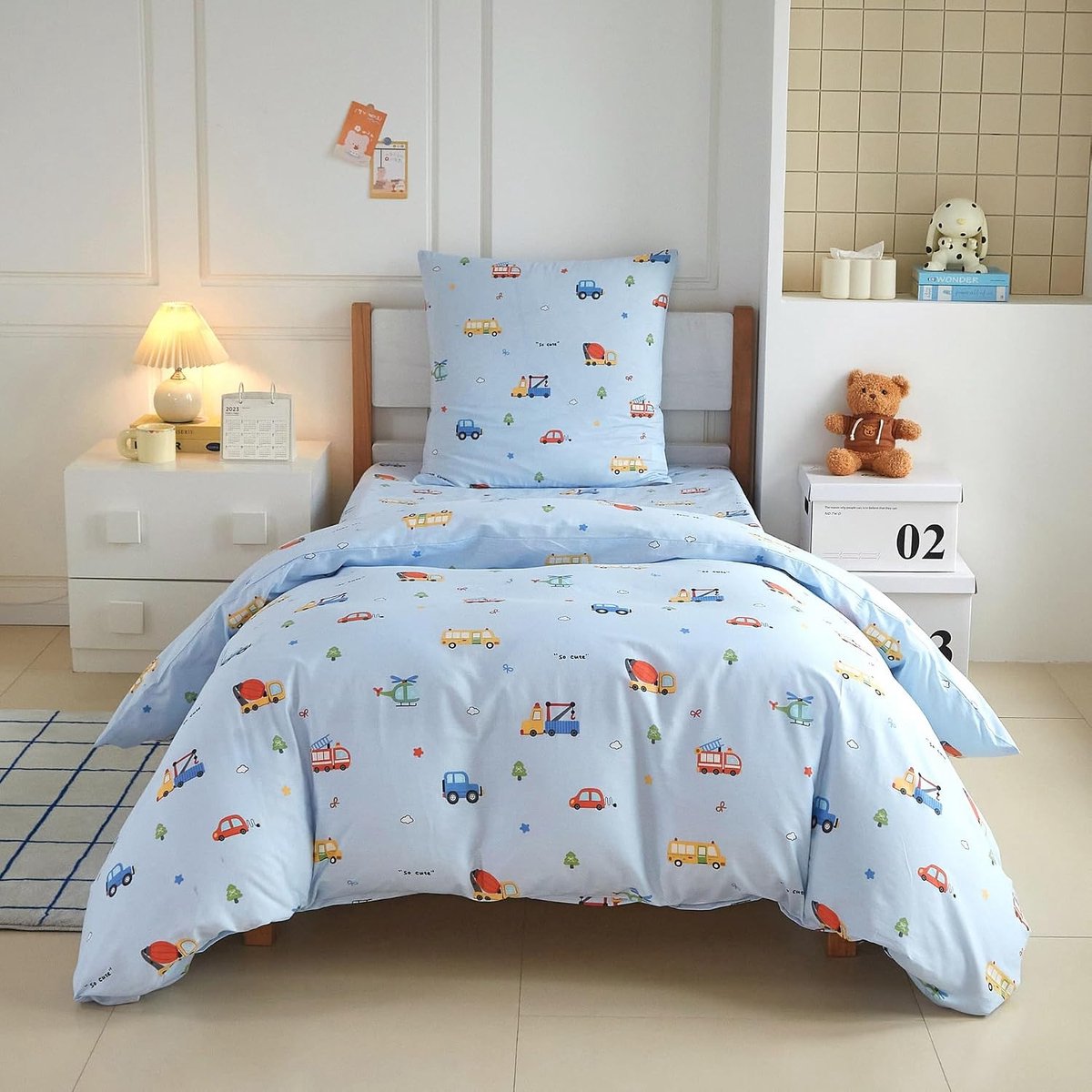 Beddengoed 135 x 200 cm kinderen auto motief blauw beddengoed kinderen 135 x 200 jongens zacht dekbedovertrek set 2-delig voor jongeren jongens cadeau met ritssluiting en kussensloop
