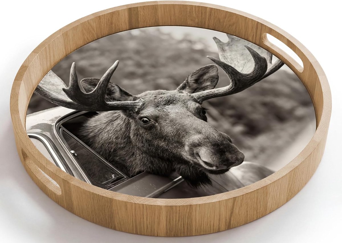 Dienblad Rond 40x40 cm Houten Serveerblad Met Handgrepen Gelakt Eikenhout Krasbestendig Hittebestendig Ontbijt Koffie Thee Eten Eland - Auto - Gewei - Zwart - Wit
