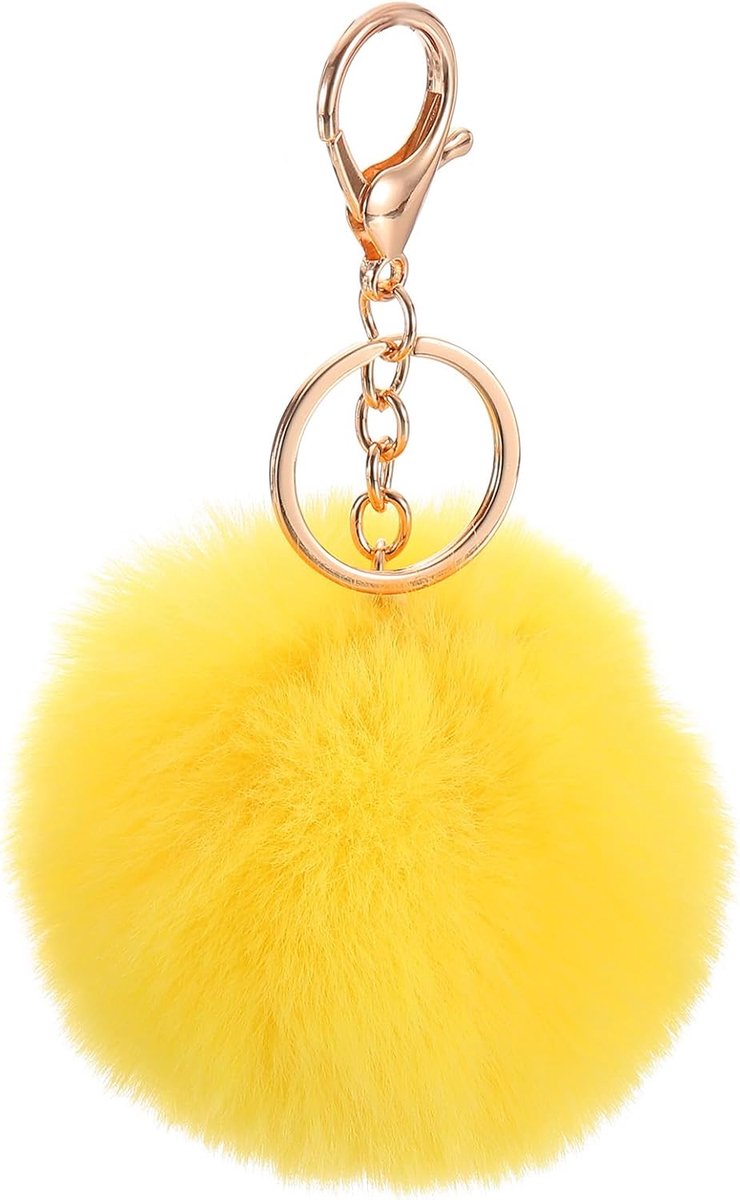 Pom Pom Sleutelhanger, 8 cm Bal van Imitatiebont, Zachte En Schattige Pluche Bal Sleutelhanger voor Handtas Dames Rugzak Hanger Charm (Geel)