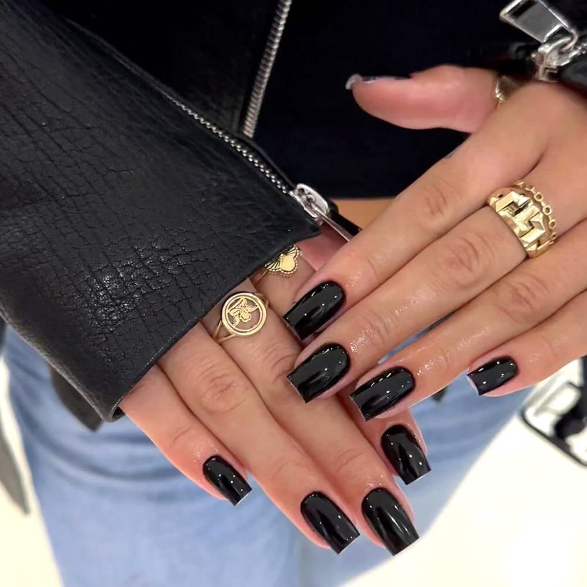 24 stuks korte rechthoekige acryl zwarte kunstnagels, om op te plakken, Franse kunstnagels, effen, natuurlijke volledige cover kunstnagels voor vrouwen