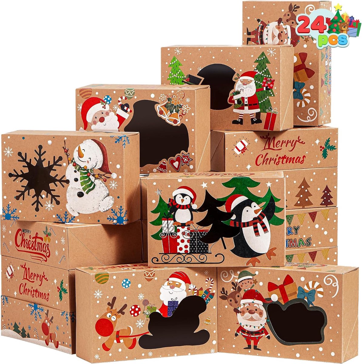 24 stuks kerstkoekendozen, Kraft koekjesdozen met venster 8,5" x 5,7" x 2,75", 6 ontwerpen bulk vakantie koekjesdozen voor kerstvakantie gebak, cupcakes, brownies, kerstcadeau geven