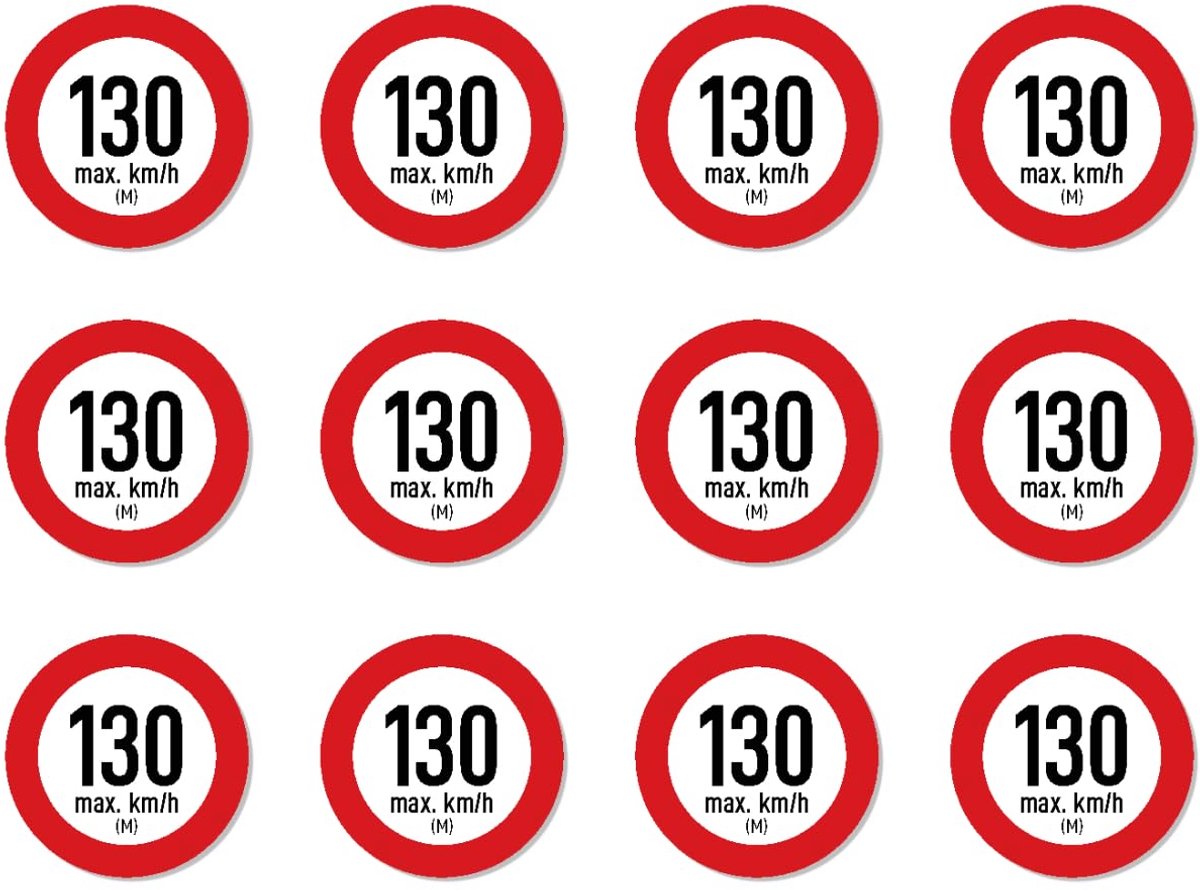 M (max. 130 km/h) - sticker - autobanden, bij het verwisselen van banden - 25 mm diameter, 12 stuks