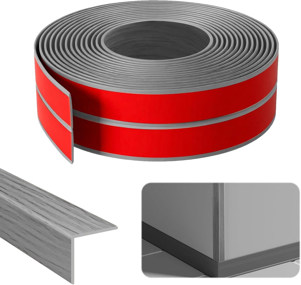 Wandlijsten, 3 cm x 3 cm x 8 m, hoeklijst, zelfklevend, pvc, flexibele zachte plint, randbescherming, hoeklijst voor deuren, ramen, muren (grijze houtnerf)
