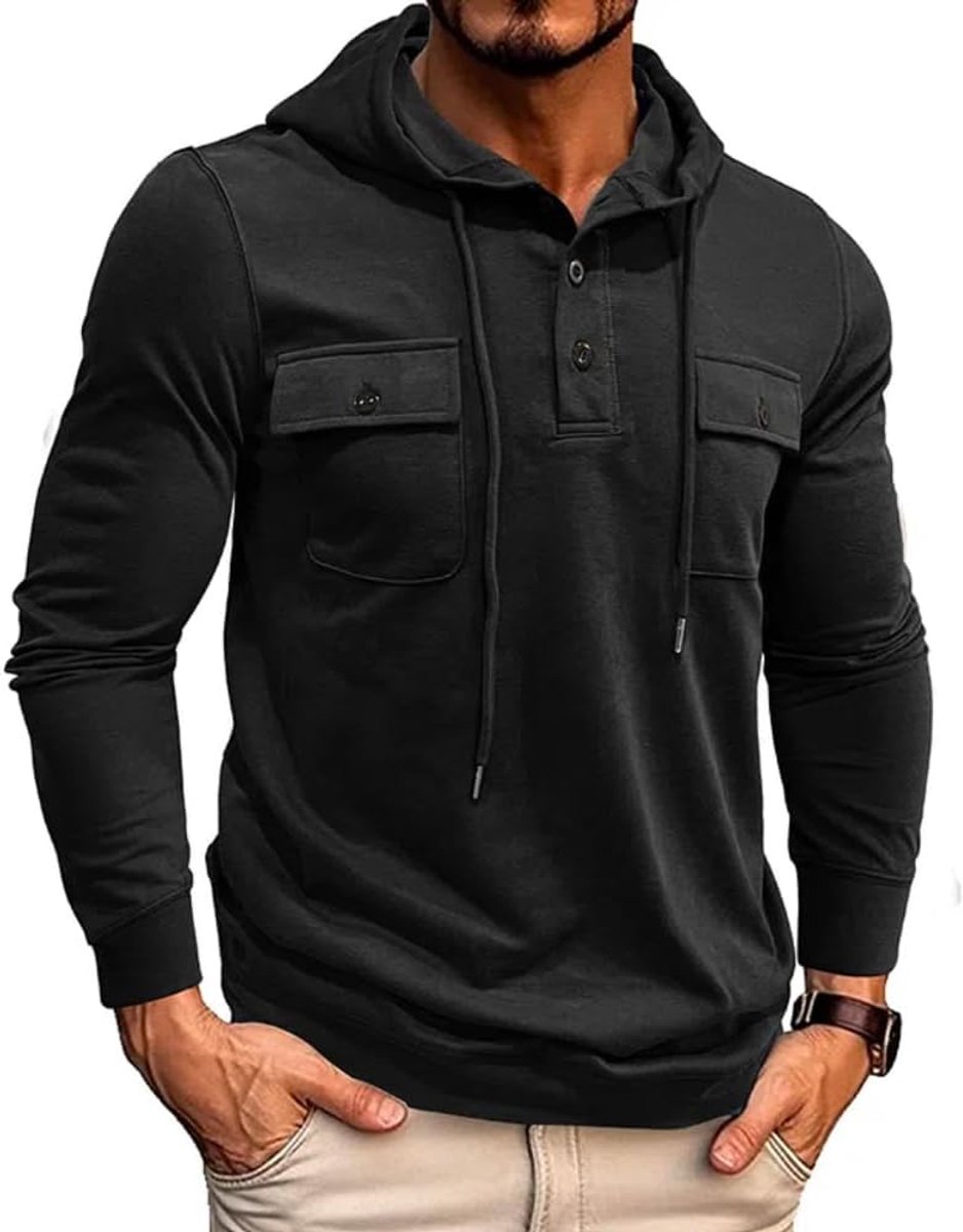Heren Atletische Lange Mouw Hoodie Knop Trui Borstzakken Spier Regualr Fit Workout Gym Hooded Shirt Zacht Lichtgewicht Running Sweatshirt Sport Street Hoodys T-Shirt