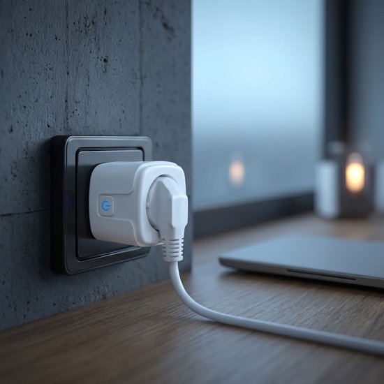 Een witte Wi-Fi slimme stekker is in een wandstopcontact gestoken, met een oplaadkabel die eraan is bevestigd. Een laptop staat op een houten tafel.