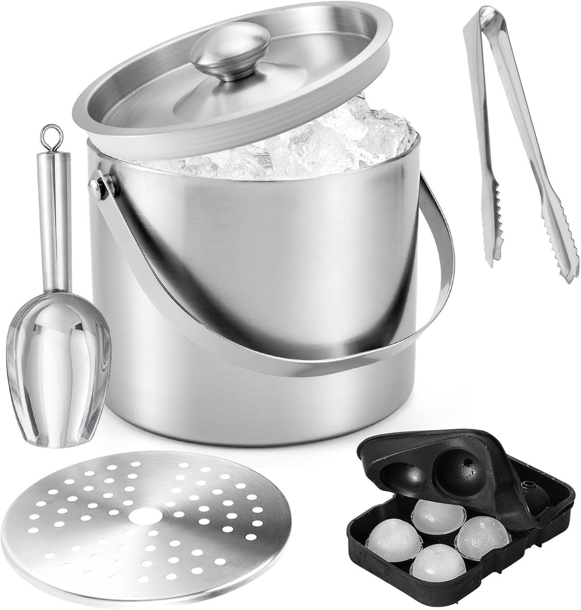 4L Ijsemmer Roestvrij Staal Dubbelwandig met Deksel, Set met Zeef | Ijstang, Ijsschep en Silicone IJsvorm - Koelbox voor Champagne Wijn Bier | Feesten Barbecue Cadeau