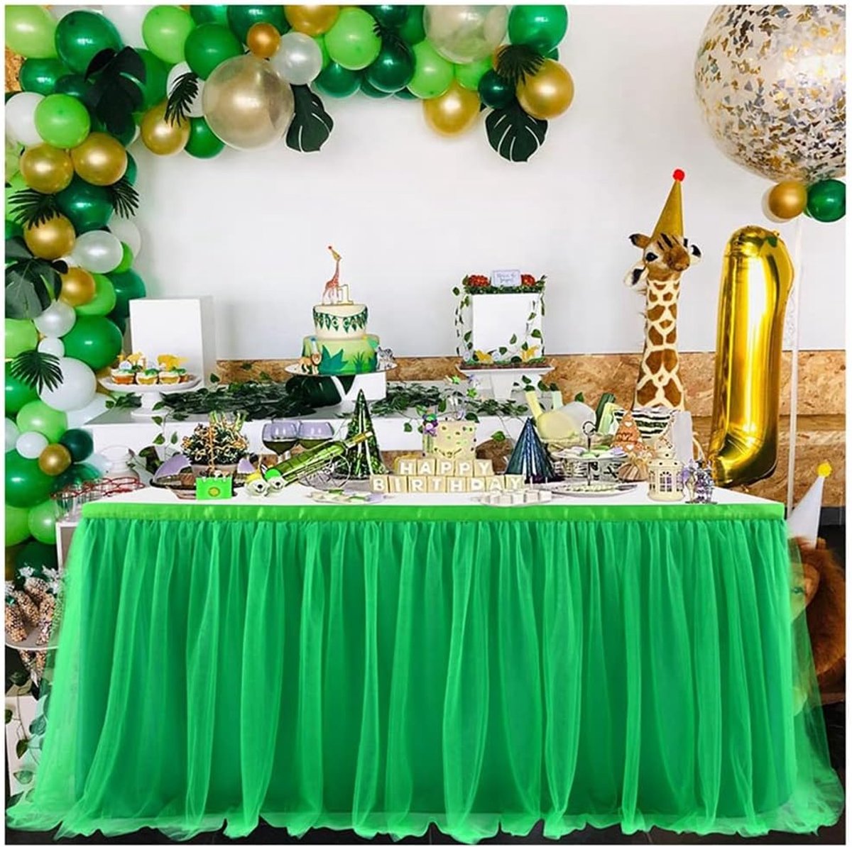 Tafelrokken, 275 x 77 cm, gaas, tafelkleed, tafeldecoratie, tafelrok voor bruiloft, verjaardag, Nieuwjaar, babyshower, snoepfeest, decoratie, groen