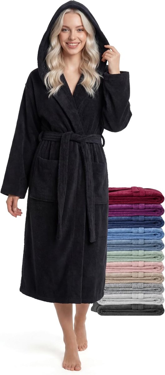 Badjas Middellang met Capuchon – 100% Katoen Badstof 380 g/m² – Badjas voor Bad, Spa en Thuis, Lengte tot Halverwege de Kuit, Zacht en Absorberend, Maten S–XXL