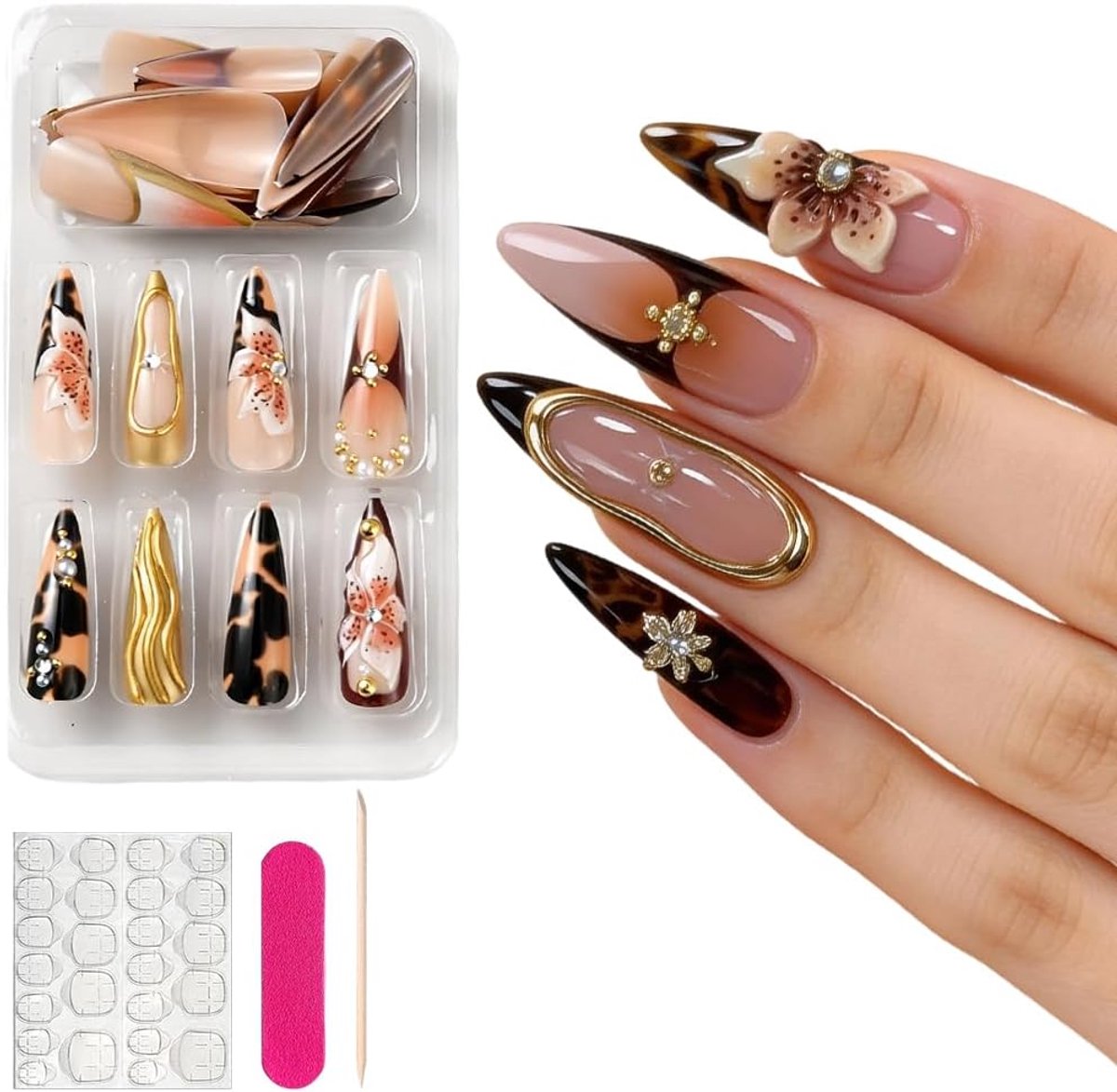Craspire 24 stuks bruine lange kunstvingernagels in stiletto amandeldesign met 3D verguld en Franse tip-look, herfst, zomer, luipaardpatroon, parellijm, glanzende afwerking
