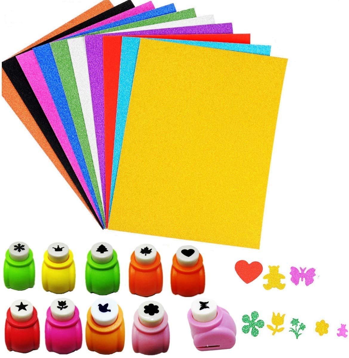 Set van 10 x reliëfsjablonen voor papier, karton en 10 x A4-vellen glitterpapier, zelfklevend, stansmachine voor papier kinderen