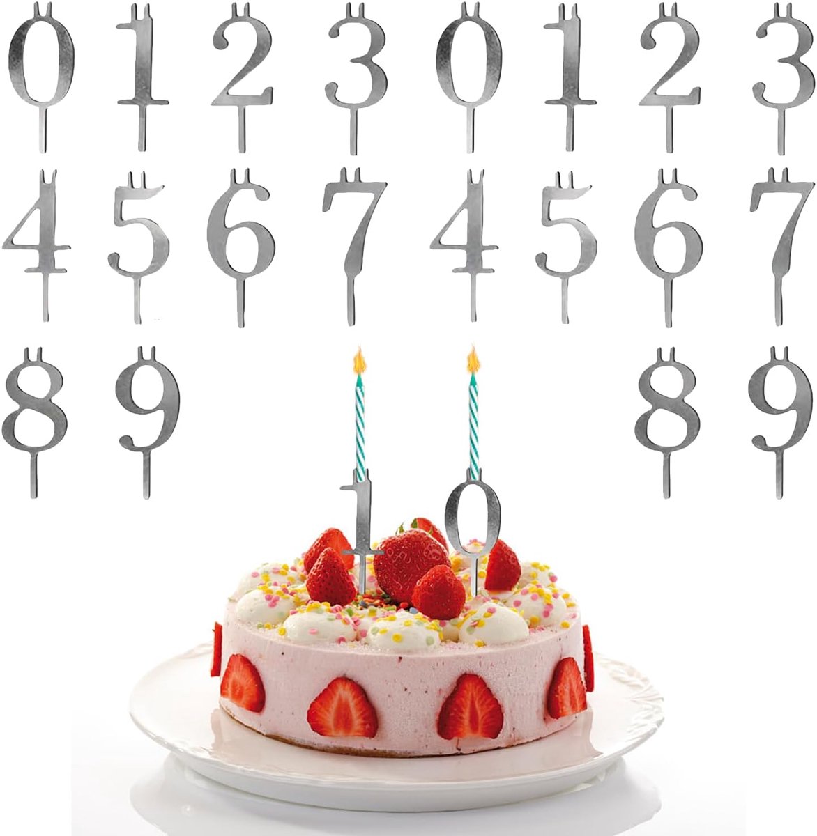 Set van kandelaars met cijfers van roestvrij staal, 20 stuks, herbruikbaar, kaarsenhouder, nummer 0-9, voor verjaardagstaart, kaarsenhouder voor feest, bruiloft en verjaardag