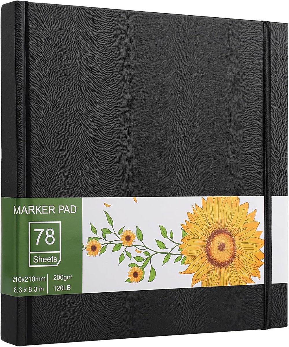 Schetsboek, 78 vellen/156 pagina's, schetsboek, 21 x 21 cm, tekenblok, 200 g/m² dik papier, alcoholmarkeringspapier voor studenten, kunstenaars en markeerders, acrylverf