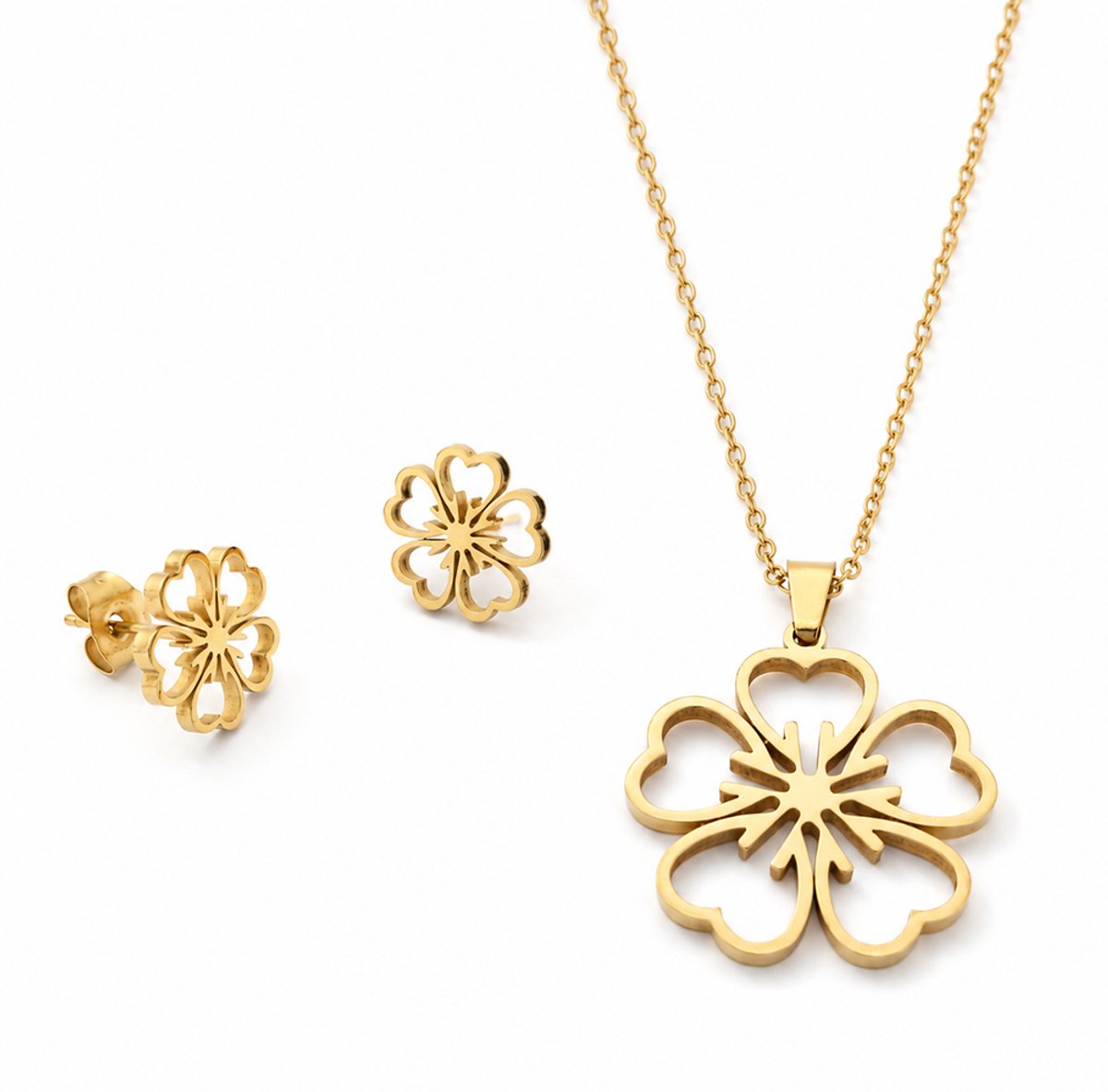 Sieradenset dames goudkleurige ketting met hanger bloem en oorknoppen staal
