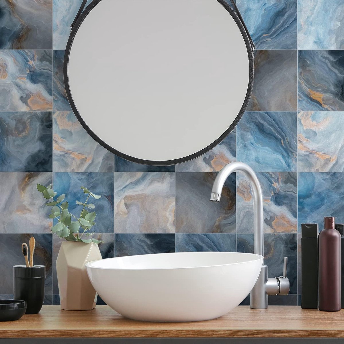12 stuks, 20 cm x 20 cm, vinyl vloer/wandsticker voor transfer, slipvaste sticker voor keuken badkamer, zelfklevend, zelfklevende PVC-sticker voor tegels, blauw marmereffect