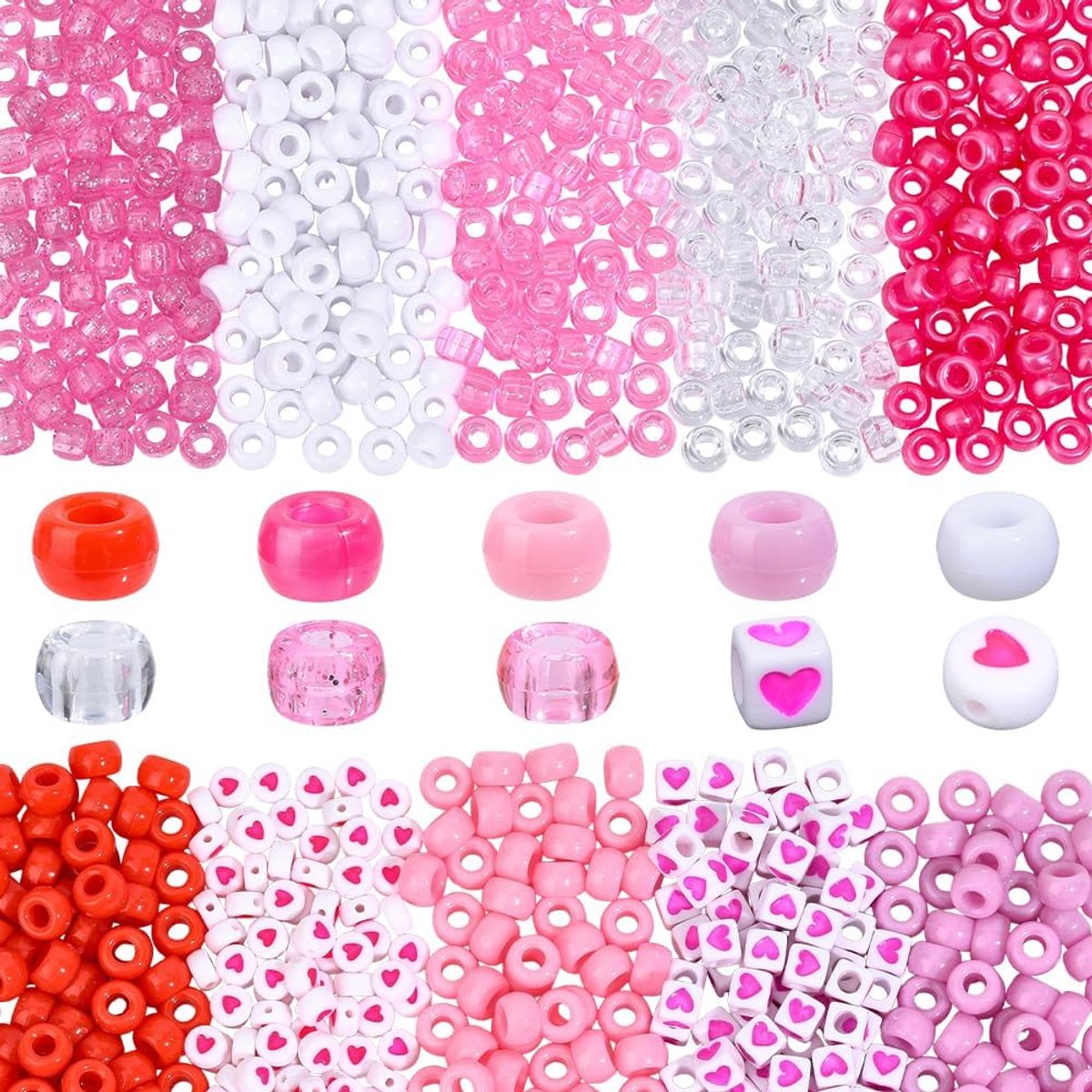 1 doos met 1200 stuks, 10 roze acryl ponykralen, set van ronde kunststof kralen, schattige ondoorzichtige platte emaille hartkralen, kandi-kralen, losse kralen, bedels, grote verpakking