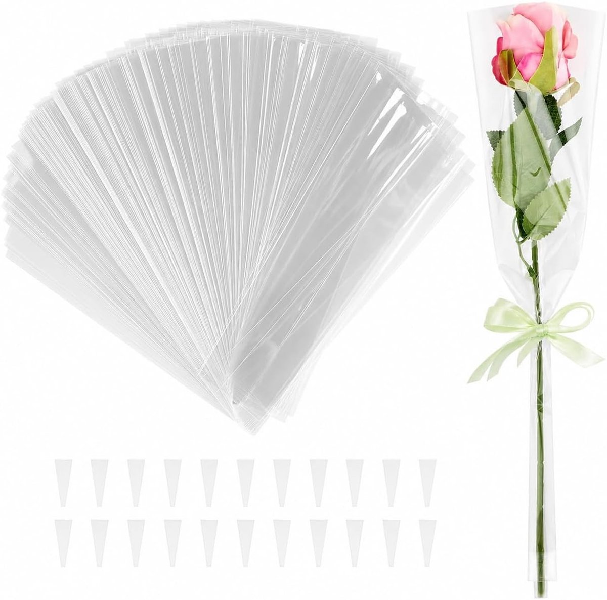 300 Stuks Roze Bloemen Verpakkingszakken voor Boeketverpakking - Transparante Papieren Tassen voor Rozen en Geschenken