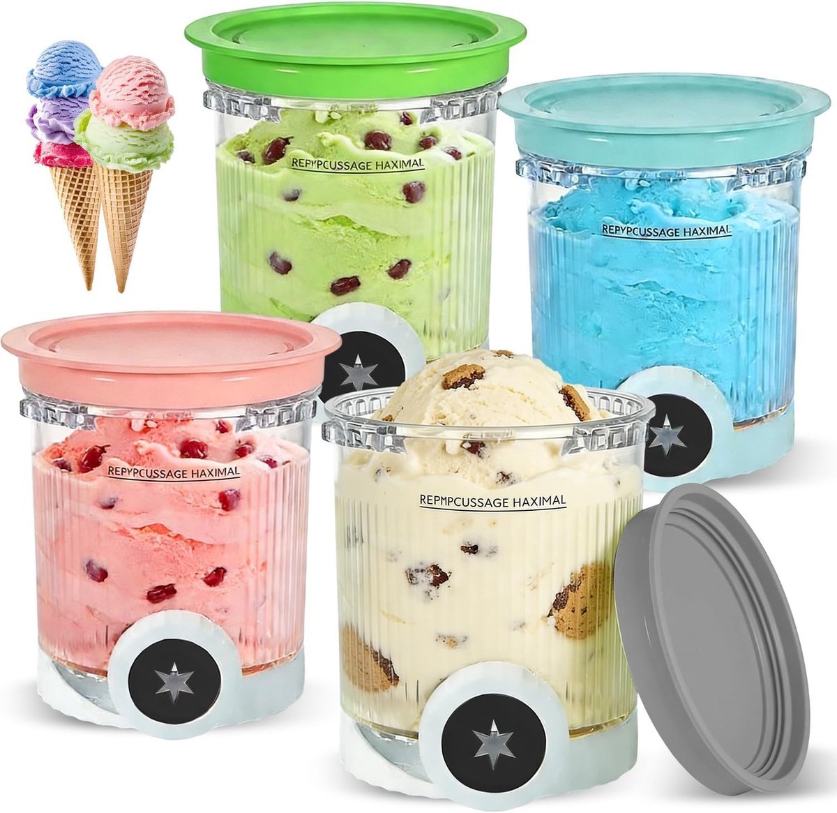 Set van 4 Vervangende Potten 480ml voor IJsbereider - Geschikt voor Swirl Series - BPA Vrij en Vaatwasmachine Bestendig, Perfect voor IJs en Sorbet