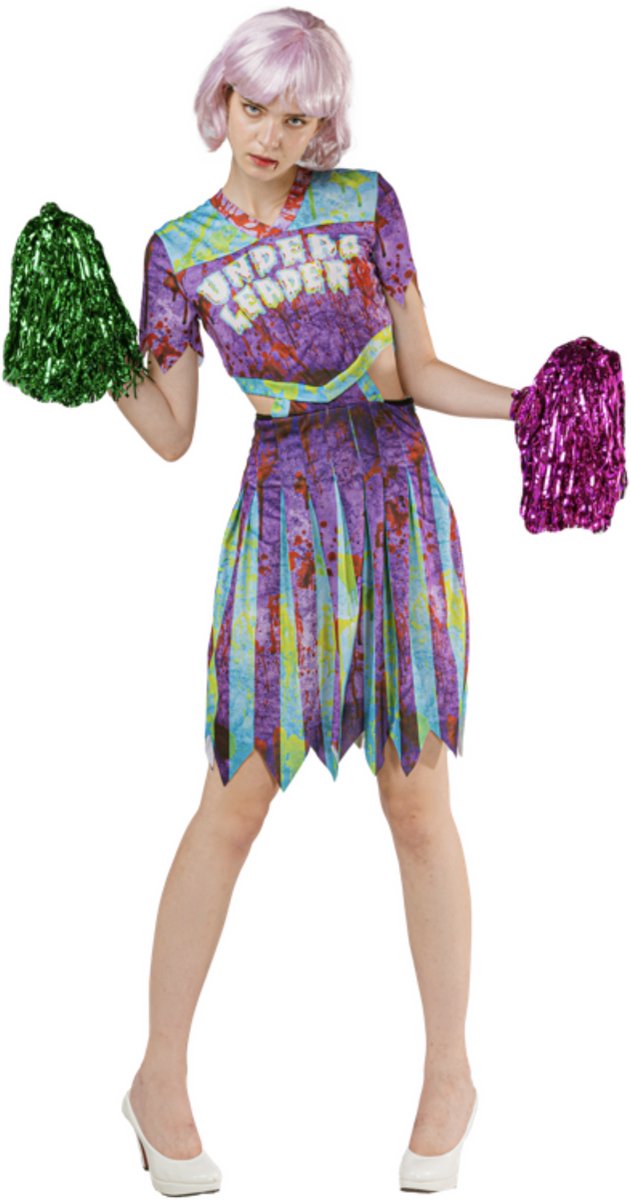 Joya Party® Zombie Cheerleader Kostuum Dames | Halloween Verkleedjurk Vrouwen | Zombie Cheerleader Jurk met Bloedvlekken | Scary Halloween Kostuum | Carnaval Verkleedkleding | Maat S/M
