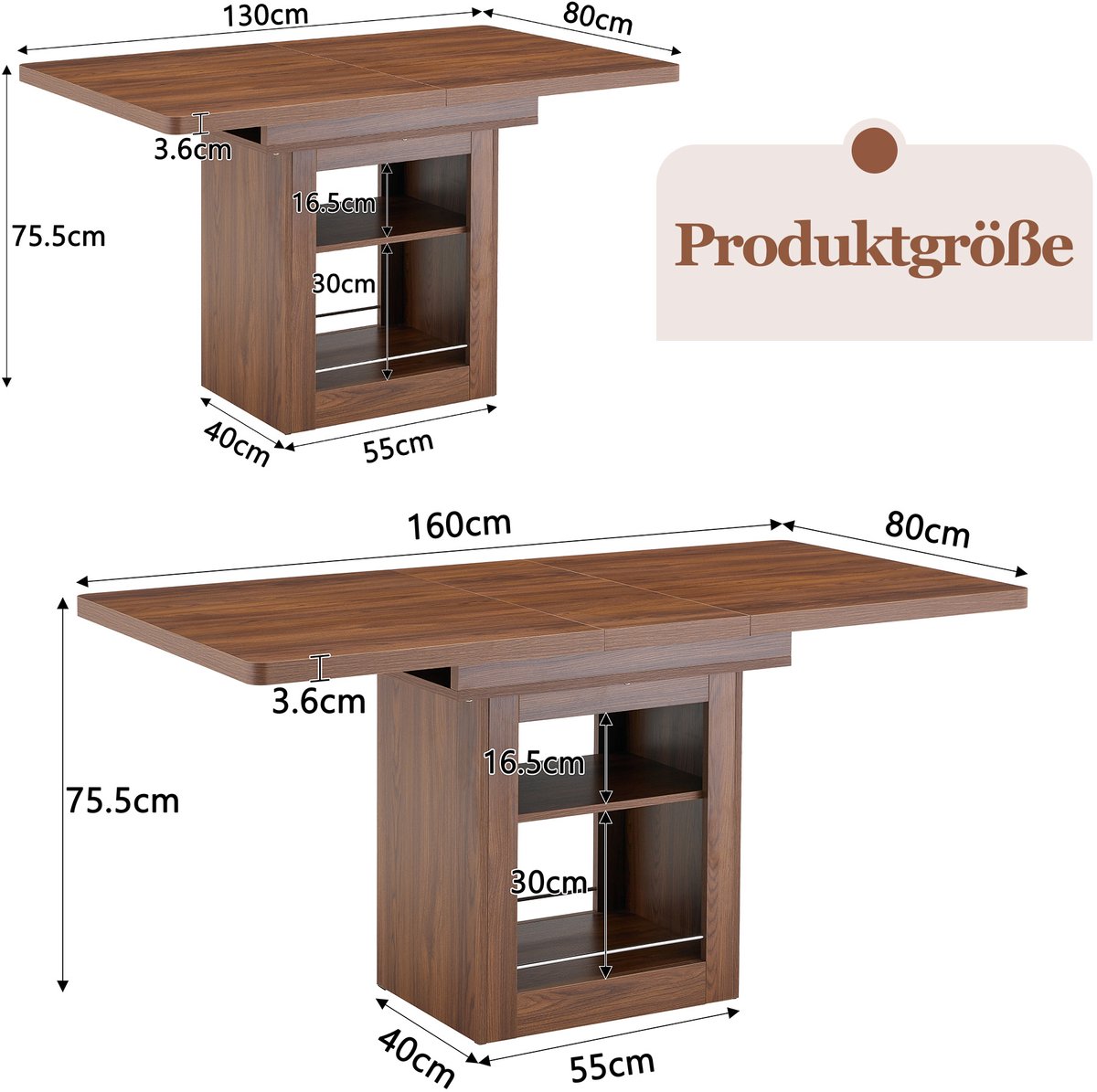 FloraGrace Eettafel - Uitschuifbaar Met Opbergvak En Metalen Rails - Modern Voor Keuken En Eetkamer - MDF - Walnoot - 160x80x75,5 Cm