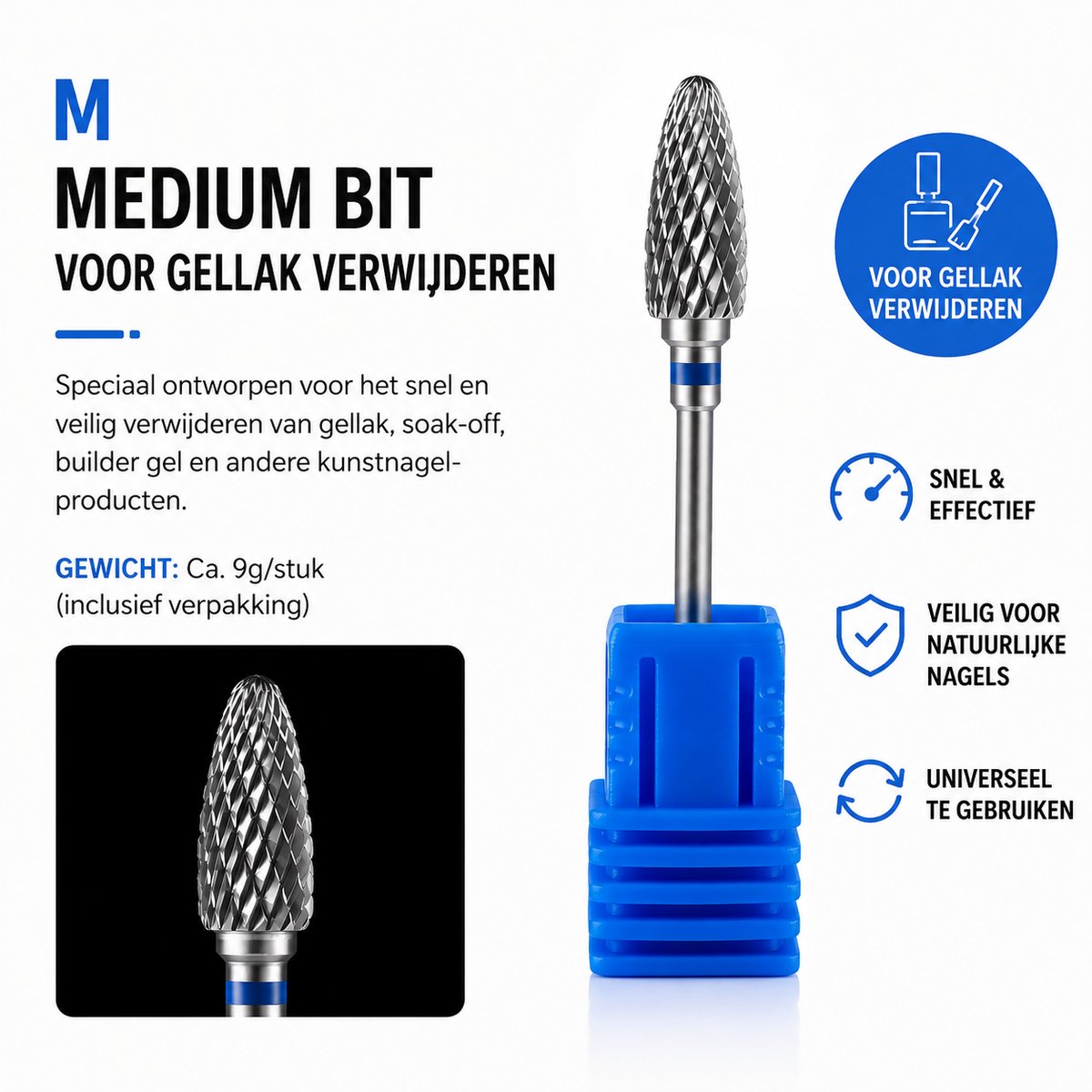 Carbide Nagelfrees Bit Medium – Freesbit voor Gellak, BIAB, Builder Gel & Kunstnagels – 2,35 mm – Blauw