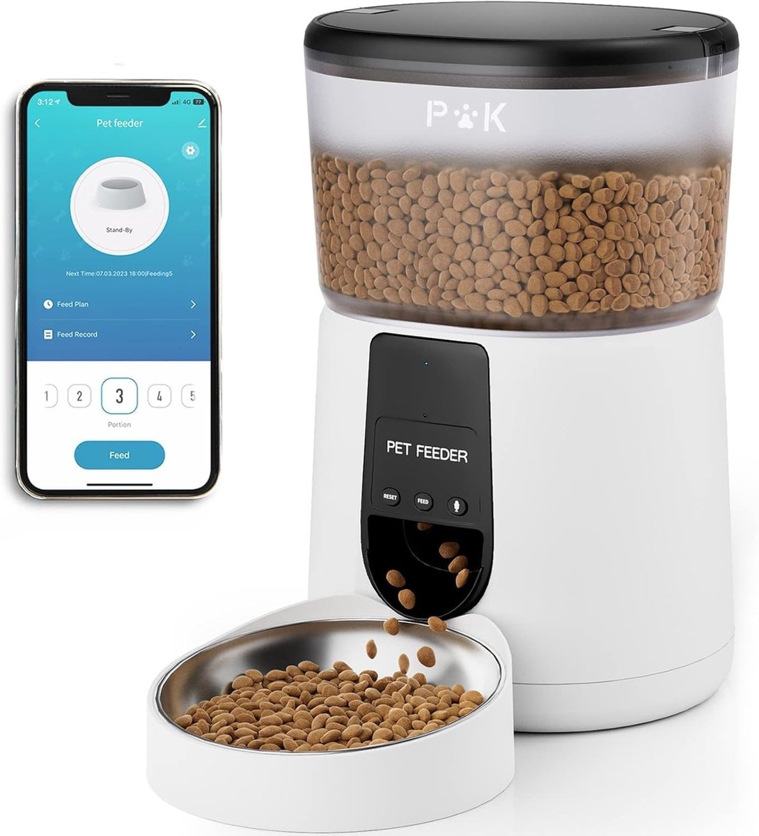 Voederautomaat voor Katten en Honden - Wit - Roestvrijstaal - Intelligente App-bediening en Spraakopname - Voor Huisdieren