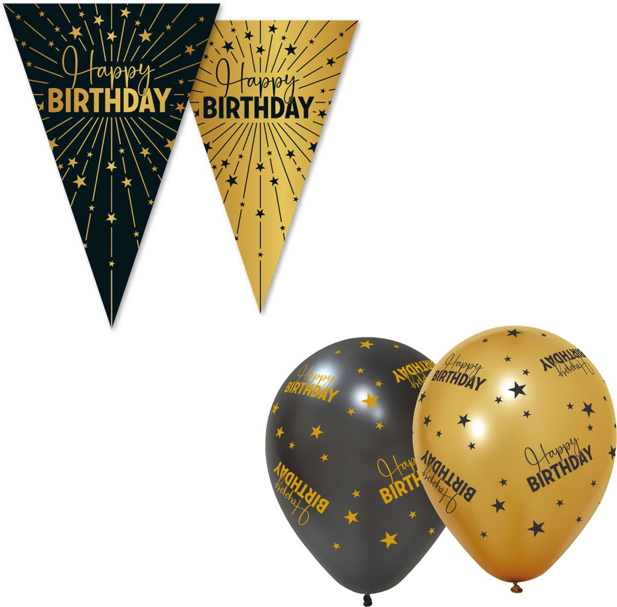 Black & Golden Celebrations Feestpakket XL - ' Happy Birthday ' - Versiering Set met 3x Vlaggenlijn en 6x Ballonnen - Zwart & Goud