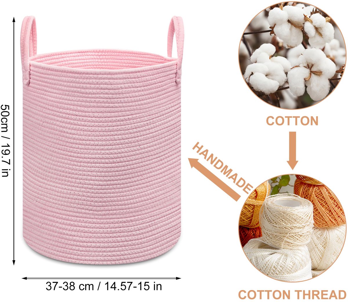 Roze Wasmand - Gevlochten Opbergmand voor Speelgoed, Babykleding & Wasgoed - Decoratieve Opbergmand voor Kinderkamer, Meisjeskamer & Slaapkamer - Ruime Wasmand - 38 x 45 cm