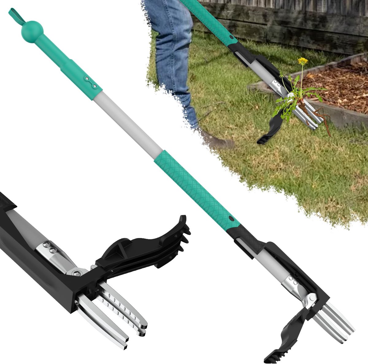 Onkruidverwijderaar met Lange Steel - Wortelverwijderaar met 4 Klauwen - Staande Onkruidsteker voor Tuin & Gazon - Zwaar Tuingereedschap voor Verwijderen van Onkruid Zonder Bukken - Handige Tuinaccessoire
