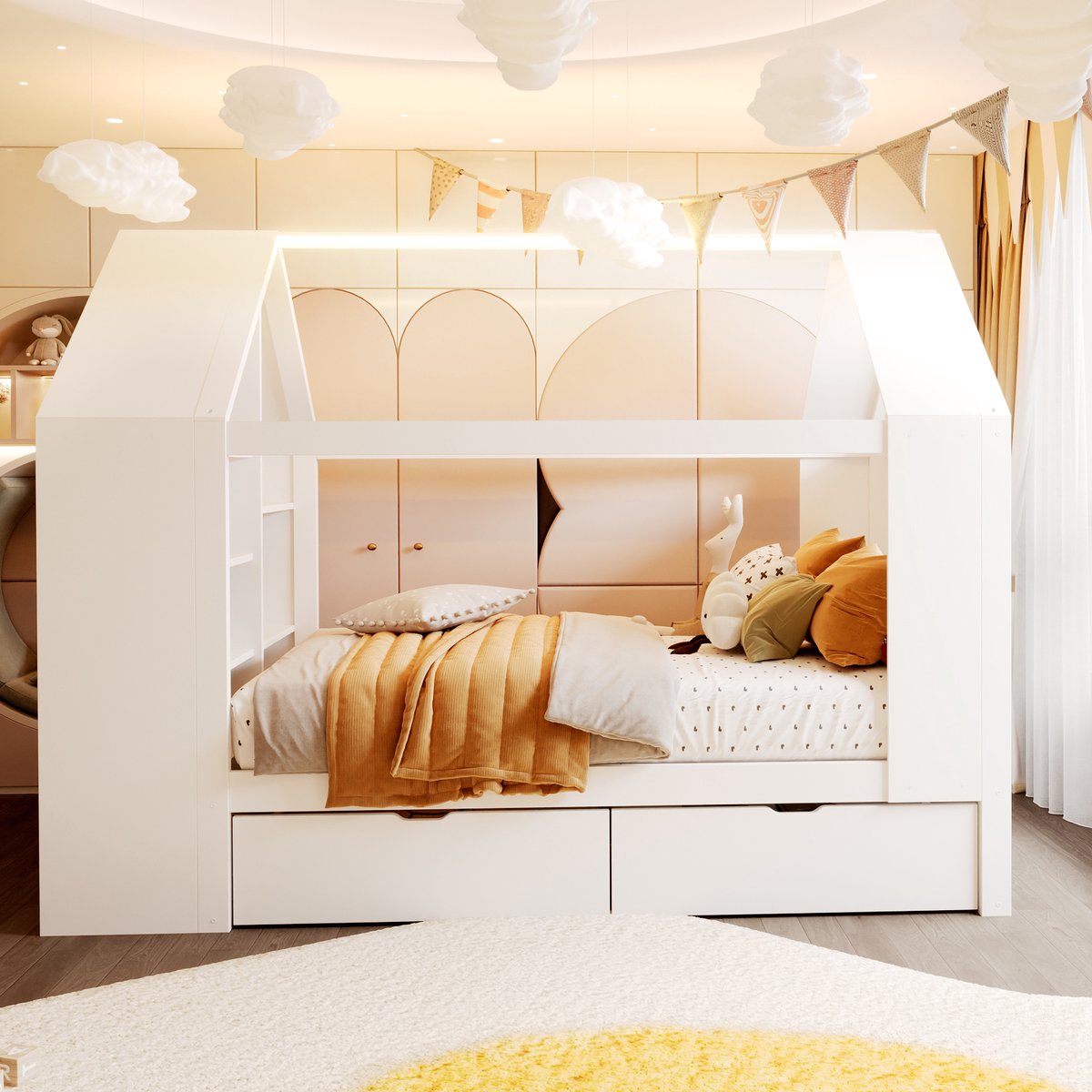 VVBV Kinderbed 90x200 cm - Opbergruimte, Huisvorm, LED-Verlichting, Met Lades - Wit, Massief Hout