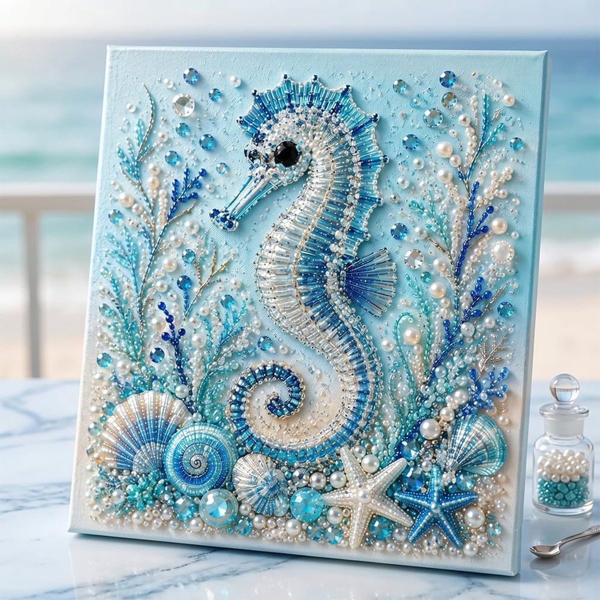 Casalora® 3D Diamant Schilderij DIY Kit Oceaan Parel – Zeepaardje – Diamond Painting Set met Lijst – Creatieve Hobby voor Volwassenen & Beginners – Wanddecoratie Cadeau