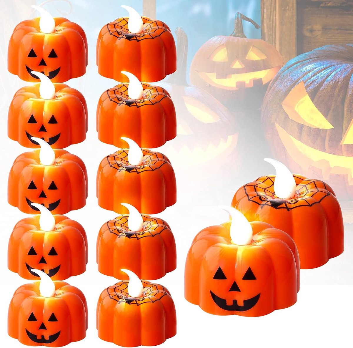 12 Stuks 3D Pompoen Led-theelichtjes - Oranje - Flickerend Vlamloos - Voor Halloween & Herfstdecoratie