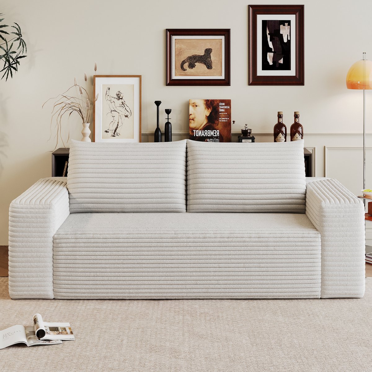 Corduroy Compressiesofa 180 cm – 3-Zits Modulaire Loveseat Bank – Diepe Zit, Geen Montage, Zachte Zitting – Woonkamer, Slaapkamer – Wit