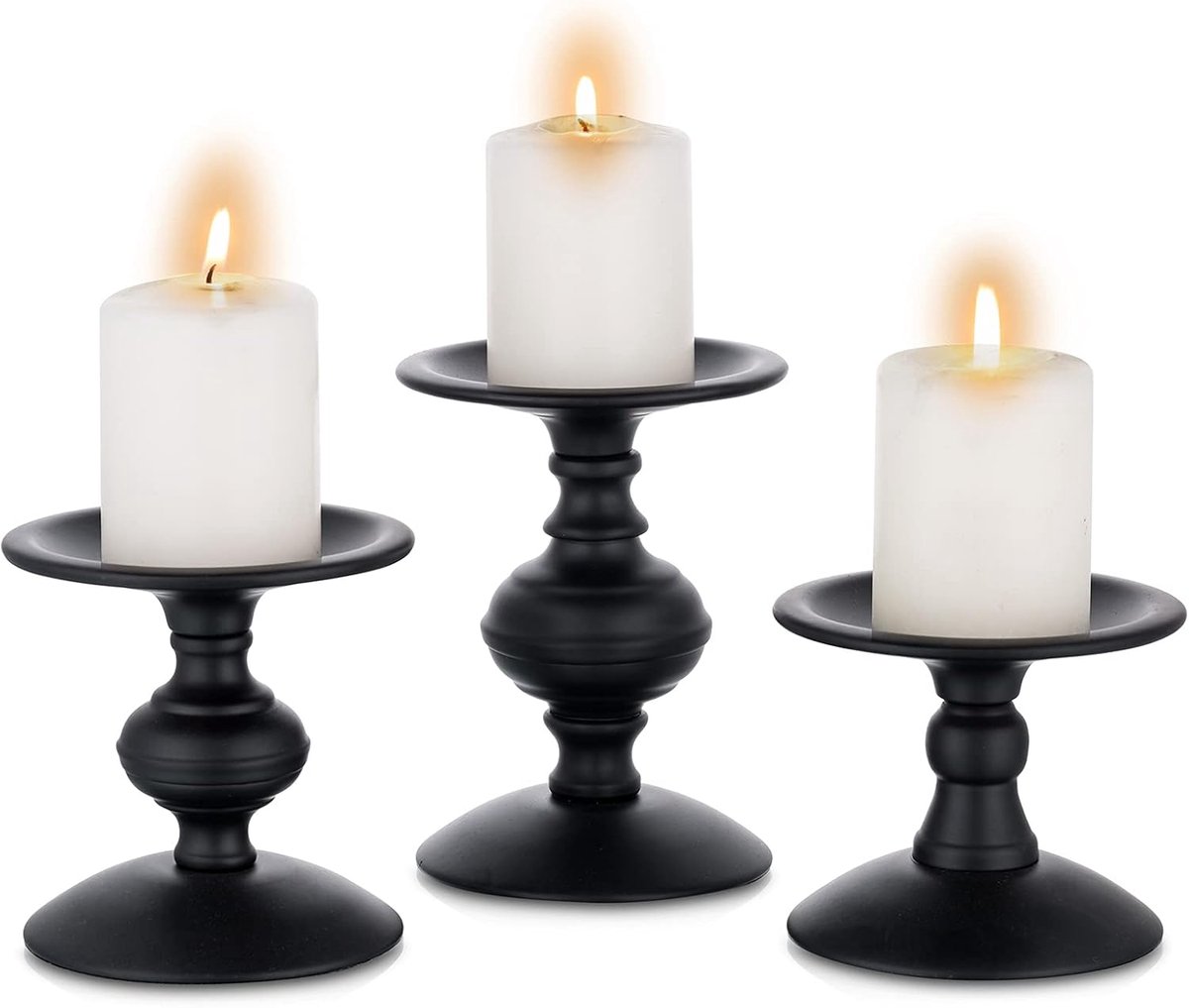 Vintage Pijler Kandelaars Set van 3 - Noodlijdende Metalen Kandelaar - Retro Matzwarte Kandelaarhouders Middelpunt Ornamenten voor Koffie Eettafel Mantel Open Haard Decor