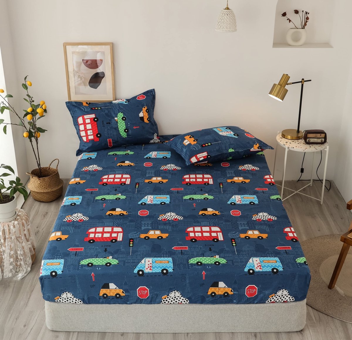 Elzusha - Hoeslaken met Cartoon Auto Patroon 90x200cm Microfiber