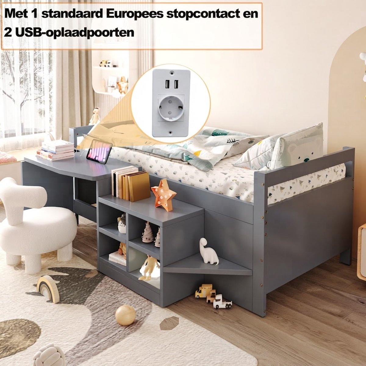 VVBV Kinderbed 90x200 cm - Met Bureau, Opbergtrap, USB-Aansluiting, Stopcontact - Grijs, Hout & MDF