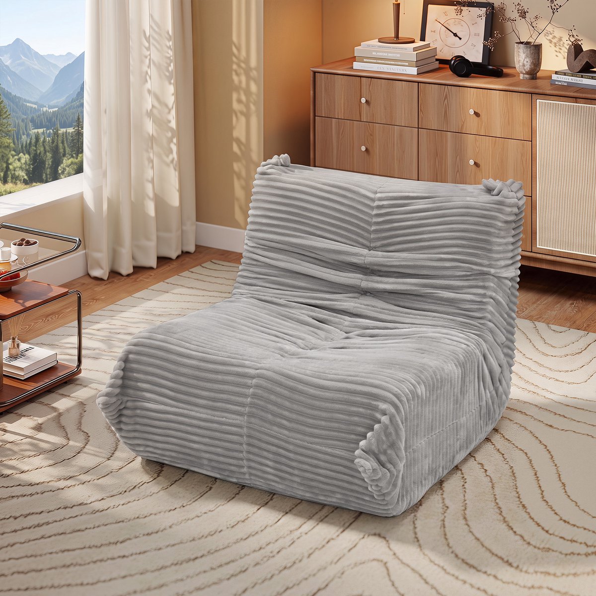 Puluomis - Zitzak sofa comfortabel - Flanel - eendelige spons - 90x100x69cm - Lichtgrijs - met zijzakken - kan met gekruiste benen zitten