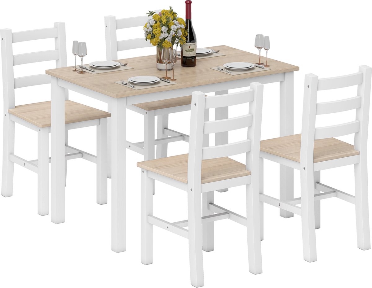 Sogiol® Eethoek 5-delig - Eettafels met 4 Stoelen - Massief Hout - Wit/Natuur