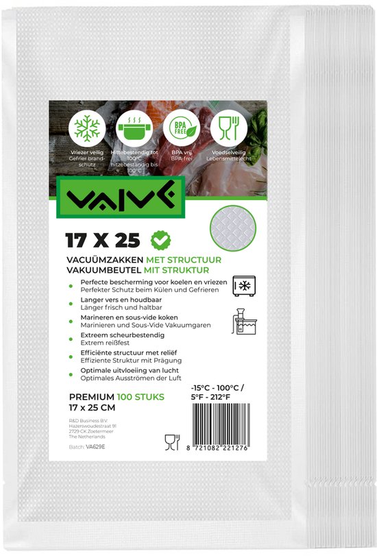 Emballage avec texte 'VAIVE 17 X 25 VACUUMZAKKEN MET STRUCTUUR', avec icônes pour congélateur et résistance à la chaleur.