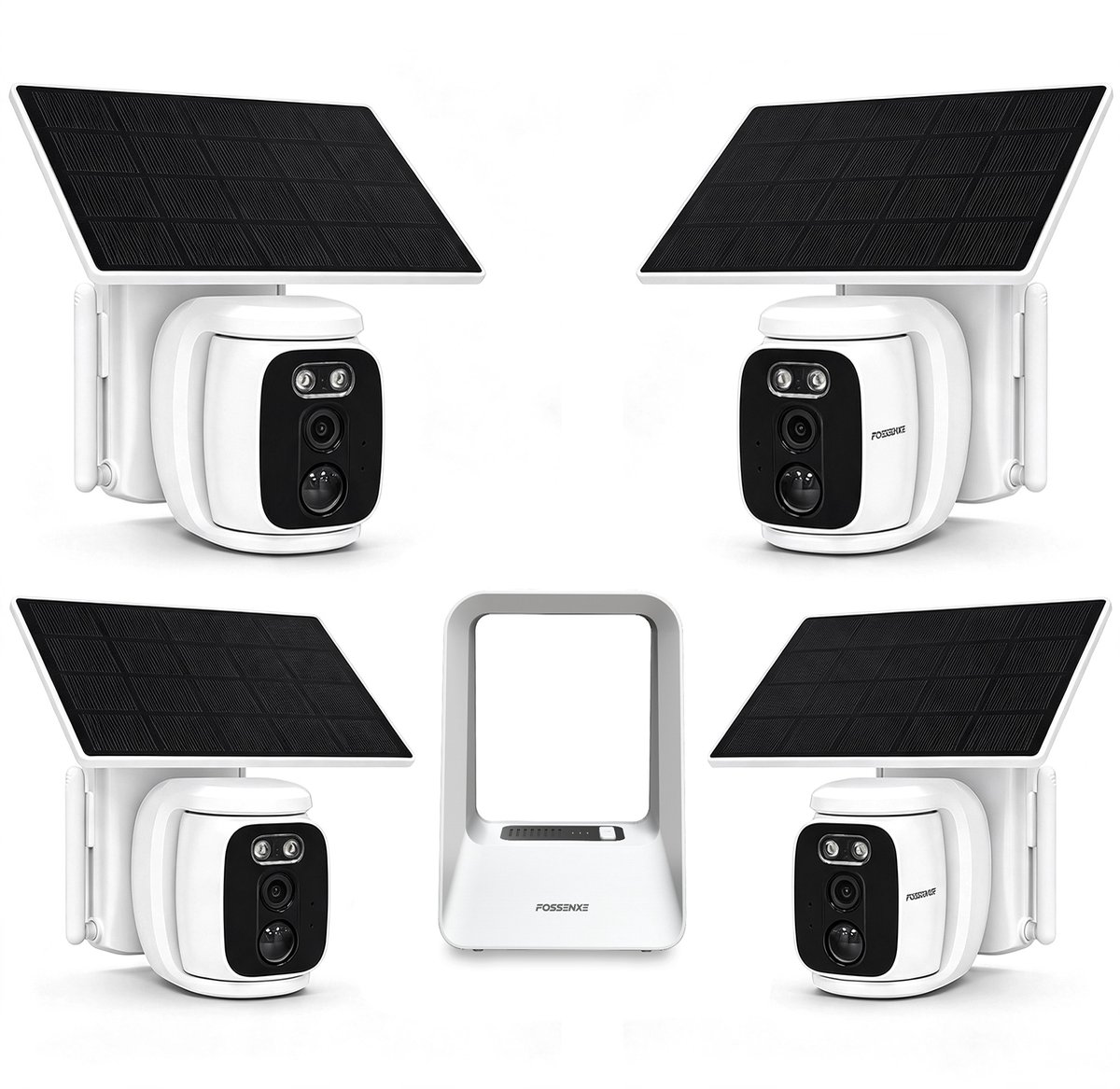 4-Pack FOSSENXE 4MP Solar Beveiligingskit– 64GB Opslag, 180° PTZ, Geen Abonnementskosten, IP66 – Zwart
