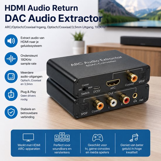 HDMI ARC Audio Extractor – 192kHz DAC Converter – HDMI ARC, Optisch & Coaxiaal naar RCA L/R, SPDIF & 3,5mm AUX – Audio Adapter — afbeelding 3