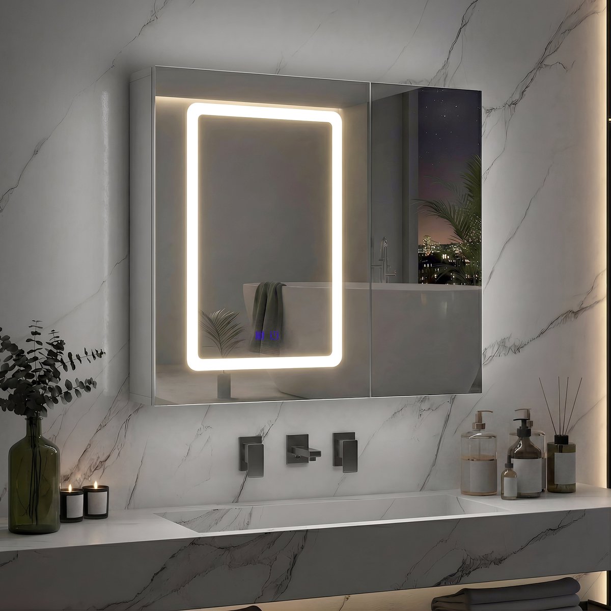 Badkamerspiegelkast 70x13,5x60 cm, 2-deurs badkamerkast met 3-kleuren LED, verstelbare verlichting, anticondensfunctie, dubbele spiegel en verstelbare planken, wit