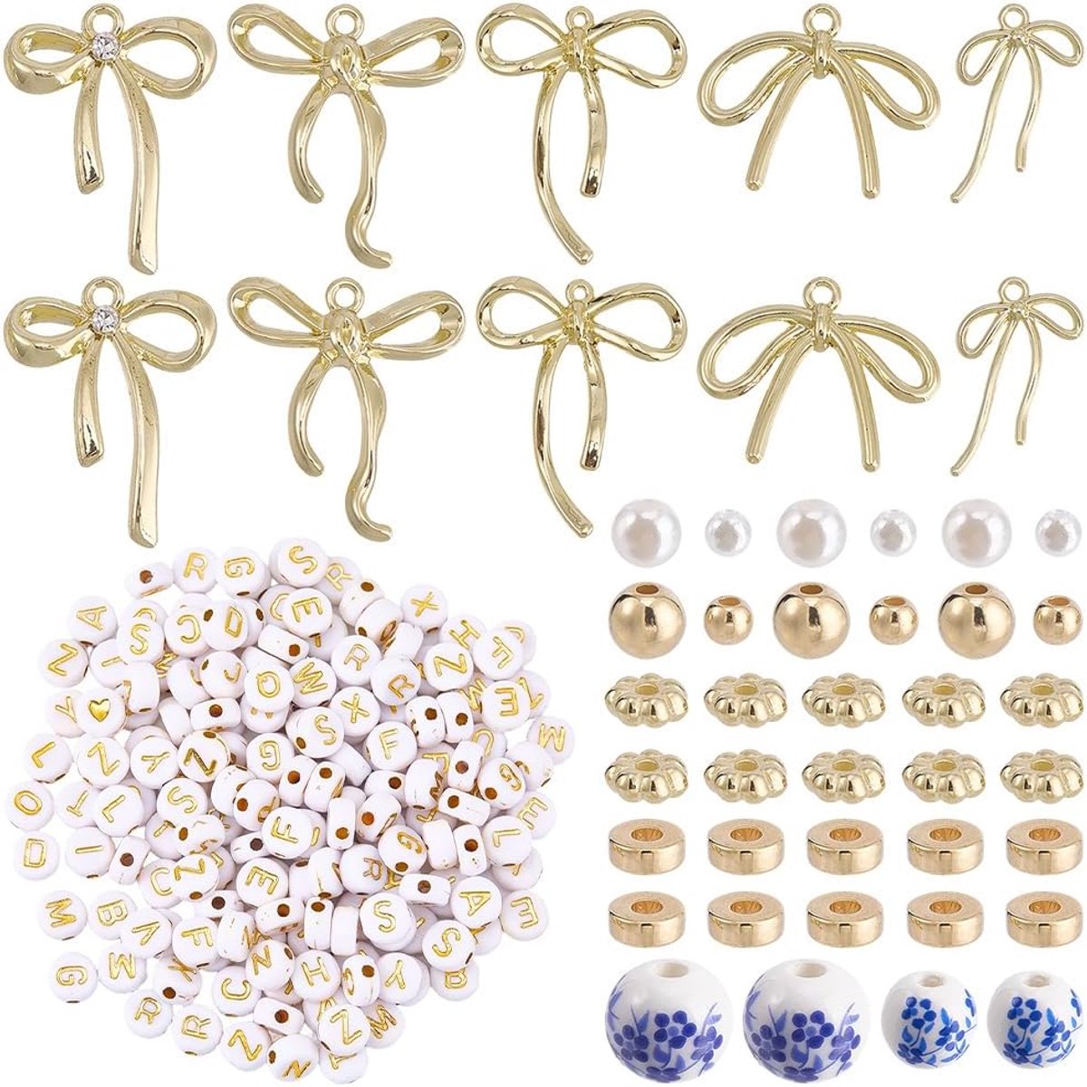 Kralen in bloemenvorm, ronde porseleinen kralen met kralen, platte ronde kralen met letters, goudkleurige strikhanger, kit voor het maken van armbandsieraden