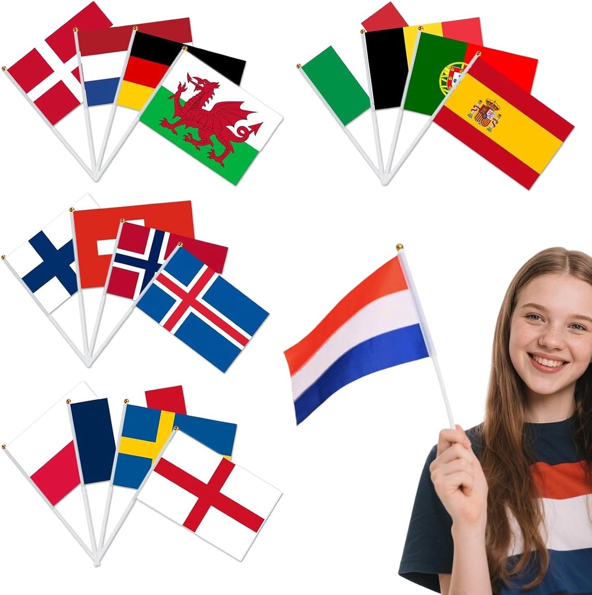 Kleine Vlaggen Set - 16 Landen, Handvlaggen voor de Europese Vrouwenvoetbalkampioenschappen, Perfect voor Feesten en Decoraties