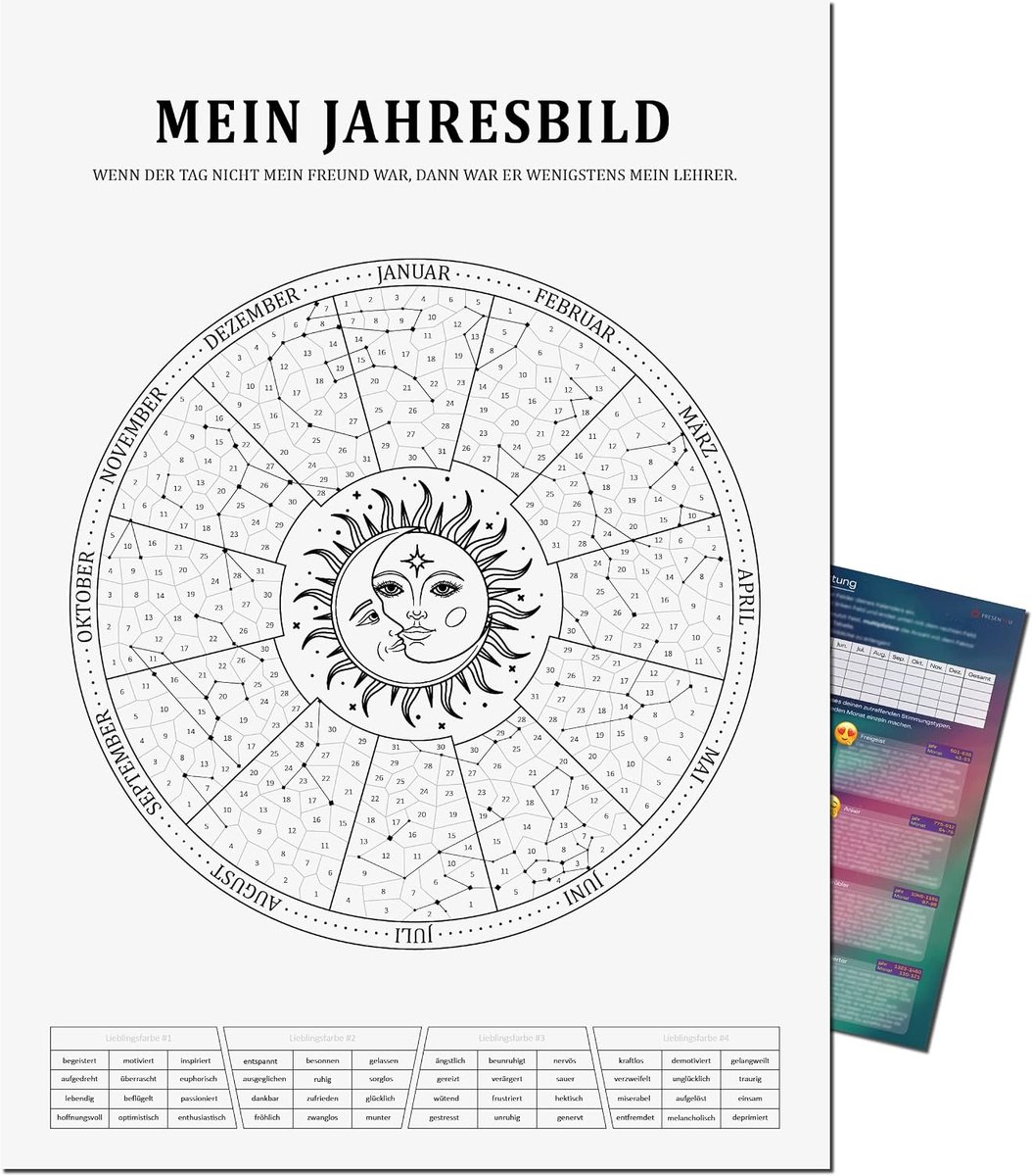 Jaarafbeelding van Presentou | Ontwerp je jaar als individuele afbeelding | incl. psychologische evaluatie | Kalender om in te kleuren met stemming | Spiritueel motief (Zon & Maan A3 (29,7 x 42