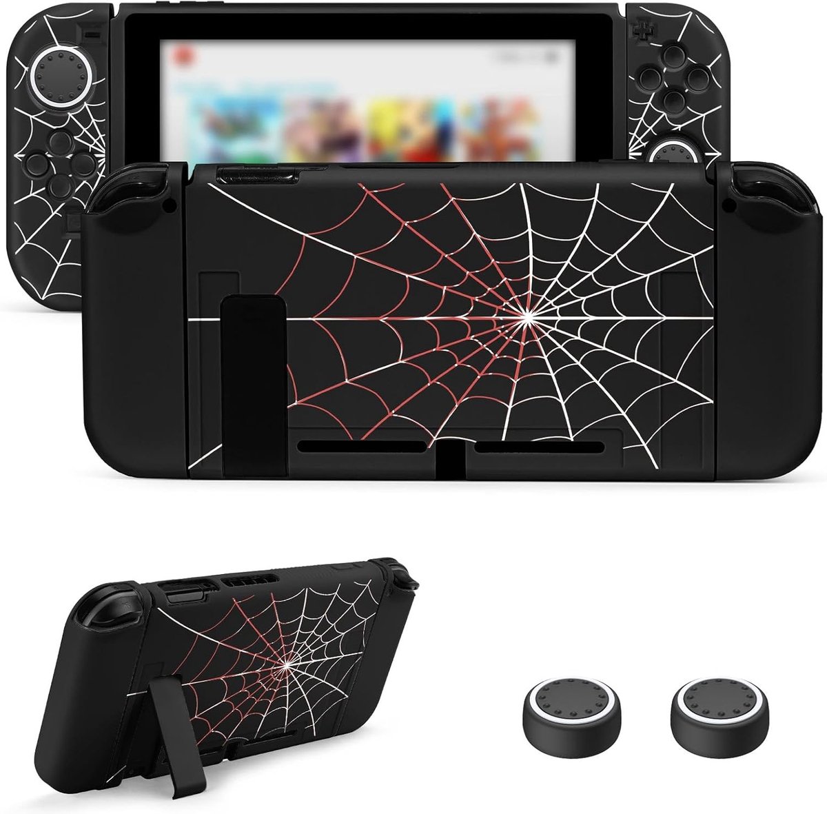 Schakelbeschermer, dun, dockbaar, zachte hoes voor Switch 2017 NS, anti-kras TPU-hoes met duimgrepen (spinnenweb-zwart)